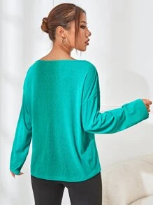 Yoga Trendy Camiseta deportiva con estampado de letra de hombros caídos - Verde - Ver 2