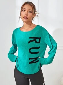 Yoga Trendy Camiseta deportiva con estampado de letra de hombros caídos - Verde - Ver 3