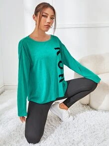 Yoga Trendy Camiseta deportiva con estampado de letra de hombros caídos - Verde - Ver 4