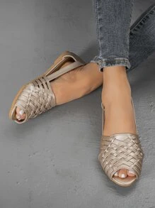 Fall/Winter Women Peep Toe Braided Detail Flats, Elegant Outdoor Flats - Gold - View 1