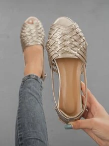 Fall/Winter Women Peep Toe Braided Detail Flats, Elegant Outdoor Flats - Gold - View 4