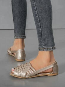 Fall/Winter Women Peep Toe Braided Detail Flats, Elegant Outdoor Flats - Gold - View 5