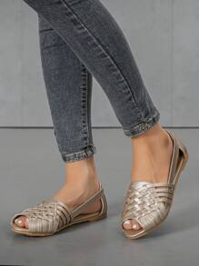 Fall/Winter Women Peep Toe Braided Detail Flats, Elegant Outdoor Flats - Gold - View 6
