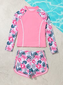 Tween Girl Tropical Print High Neck Tankini Summer Beach - Multicolor - View 4