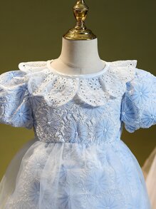 小女童花卉圖案提花網紗覆蓋泡泡袖洋裝