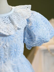 小女童花卉圖案提花網紗覆蓋泡泡袖洋裝