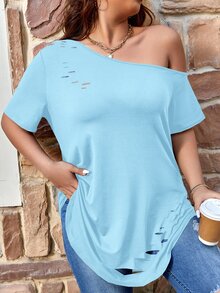 SHEIN LUNE Camiseta de cuello asimétrico con diseño de abertura - Azul - Ver 5