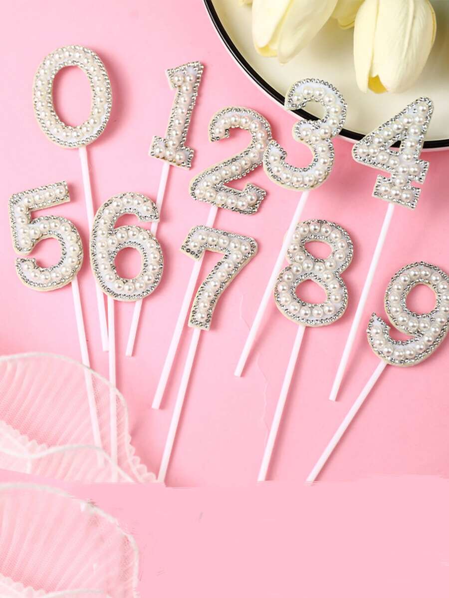 1pc Thiết kế số ngọc trai giả trang trí bánh, trang trí mặt bánh cho tiệc sinh nhật - Vàng - Xem 1