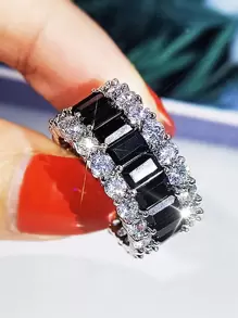 方晶鋯石裝飾戒指 - 黑色 - 查看 2