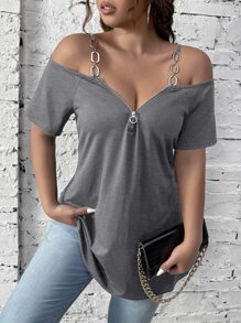 Celure Camiseta con diseño de cadena de hombros descubiertos con cremallera delantera - Gris - Ver 1