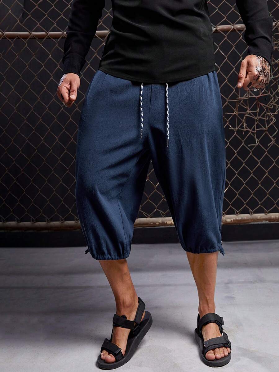 GENTILAND Men Drawstring Waist Capri Trousers - Navy Blue - View 1