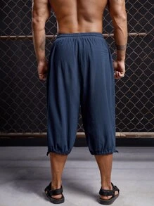 GENTILAND Men Drawstring Waist Capri Trousers - Navy Blue - View 2