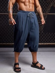 GENTILAND Men Drawstring Waist Capri Trousers - Navy Blue - View 4