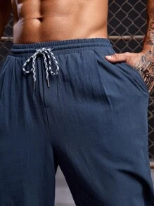 GENTILAND Men Drawstring Waist Capri Trousers - Navy Blue - View 5