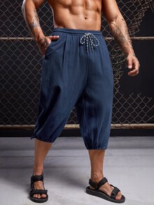 GENTILAND Men Drawstring Waist Capri Trousers - Navy Blue - View 6