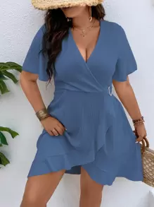SHEIN LUNE Đầm Plus Size Thắt nút Trọn gói màu trơn Giải trí - Màu xanh bụi bặm - Xem 1