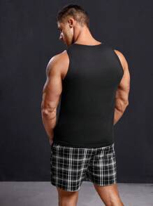 SHEIN Men Plaid Print PJ Set - Black - View 2