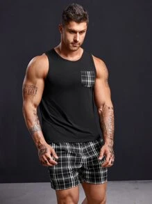 SHEIN Men Plaid Print PJ Set - Black - View 3
