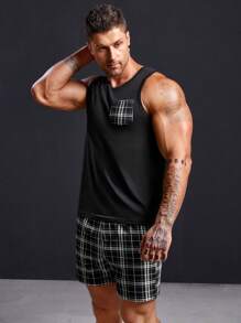 SHEIN Men Plaid Print PJ Set - Black - View 4