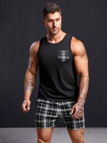 SHEIN Men Plaid Print PJ Set - Black - View 5