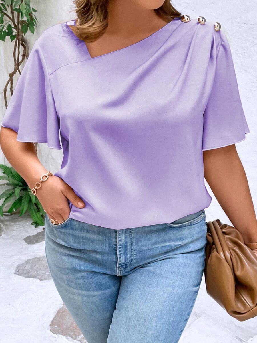 SHEIN Clasi Plus Button Detail Asymmetrical Neck Butterfly Sleeve Asymmetrical Neck Blouse - Lilac Purple - View 1