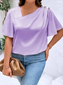 SHEIN Clasi Plus Button Detail Asymmetrical Neck Butterfly Sleeve Asymmetrical Neck Blouse - Lilac Purple - View 4