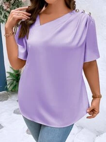 SHEIN Clasi Plus Button Detail Asymmetrical Neck Butterfly Sleeve Asymmetrical Neck Blouse - Lilac Purple - View 5