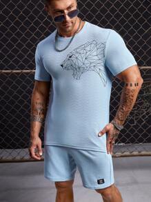 GENTILAND Men Geo Leopard Print Tee & Shorts - Baby Blue - View 4