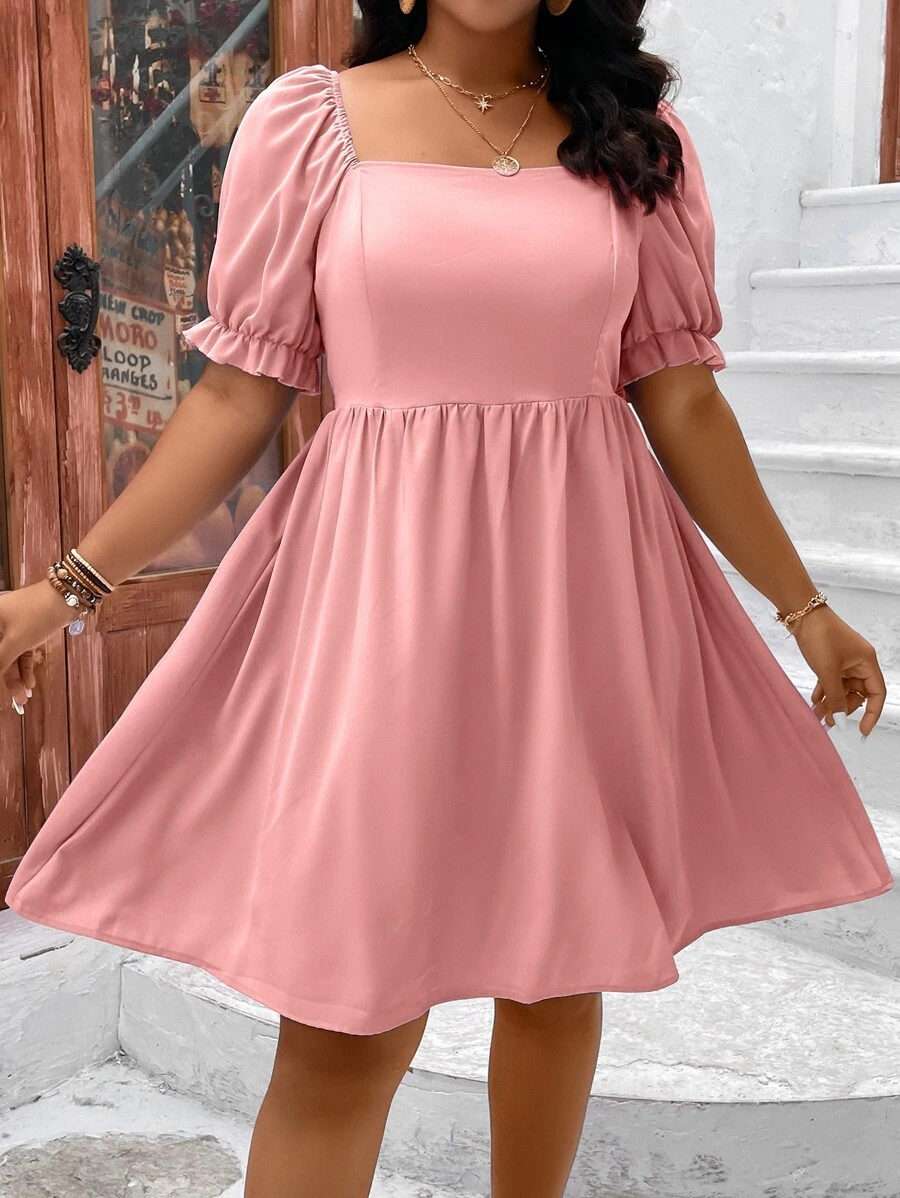 SHEIN Holidaya Vestido de cuello cuadrado de manga farol - Rosa vieja - Ver 1