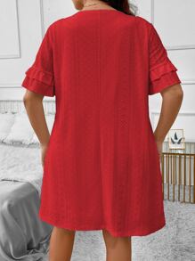 SHEIN LUNE Plus Eyelet Embroidery Flounce Sleeve Dress - Red - View 2