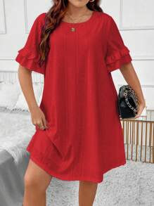 SHEIN LUNE Plus Eyelet Embroidery Flounce Sleeve Dress - Red - View 3
