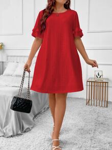 SHEIN LUNE Plus Eyelet Embroidery Flounce Sleeve Dress - Red - View 4