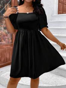 SHEIN LUNE Vestido de cuello cuadrado de manga farol - Negro - Ver 5