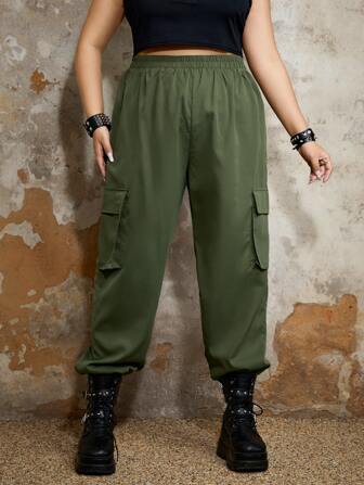 Grunge Punk Pantalones cargo con bolsillo lateral con solapa