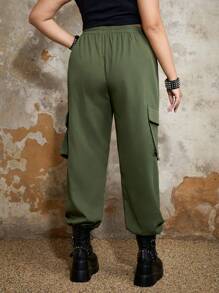 ROMWE Grunge Punk Plus Flap Pocket Side Cargo Pants - Army Green - View 2