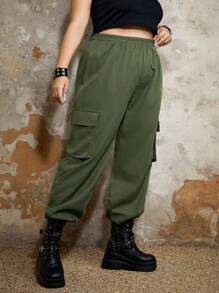 ROMWE Grunge Punk Plus Flap Pocket Side Cargo Pants - Army Green - View 3