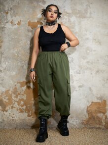 ROMWE Grunge Punk Plus Flap Pocket Side Cargo Pants - Army Green - View 5
