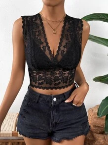 Breezaya Plants Lace Scallop Trim Crop Tank Top - Black - View 1