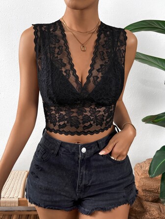 Breezaya Plants Lace Scallop Trim Crop Tank Top