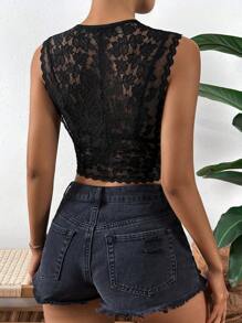 Breezaya Plants Lace Scallop Trim Crop Tank Top - Black - View 2