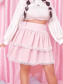 ROMWE Kawaii 大碼蕾絲拼接荷葉邊半身裙 - 粉色 - 查看 1
