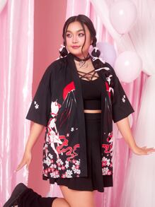 ROMWE Anime Plus Floral & Fox Graphic Drop Shoulder Open Front Kimono - Black - View 1