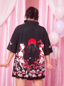 ROMWE Anime Plus Floral & Fox Graphic Drop Shoulder Open Front Kimono - Black - View 2