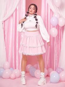 ROMWE Kawaii 大碼蕾絲拼接荷葉邊半身裙 - 粉色 - 查看 5