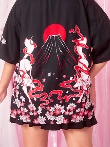 ROMWE Anime Plus Floral & Fox Graphic Drop Shoulder Open Front Kimono - Black - View 3
