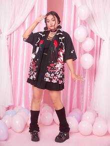 ROMWE Anime Plus Floral & Fox Graphic Drop Shoulder Open Front Kimono - Black - View 4