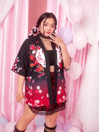 J-Fashion Plus Floral Print Drop Shoulder Open Front Kimono
