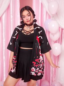 ROMWE Anime Plus Floral & Fox Graphic Drop Shoulder Open Front Kimono - Black - View 5