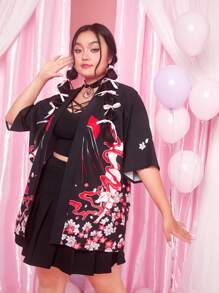 ROMWE Anime Plus Floral & Fox Graphic Drop Shoulder Open Front Kimono - Black - View 6