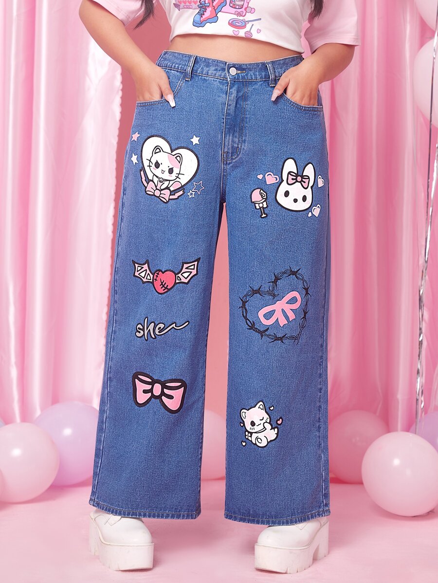ROMWE Kawaii Plus Cartoon Graphic Wide Leg Jeans - Medium Wash - View 1